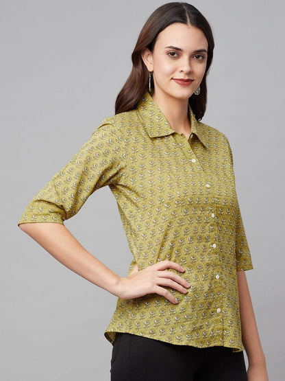 Mehndi Green Block Printed Casual Women Shirts | LASVINI - Redefining Indian Fashion with Elegance