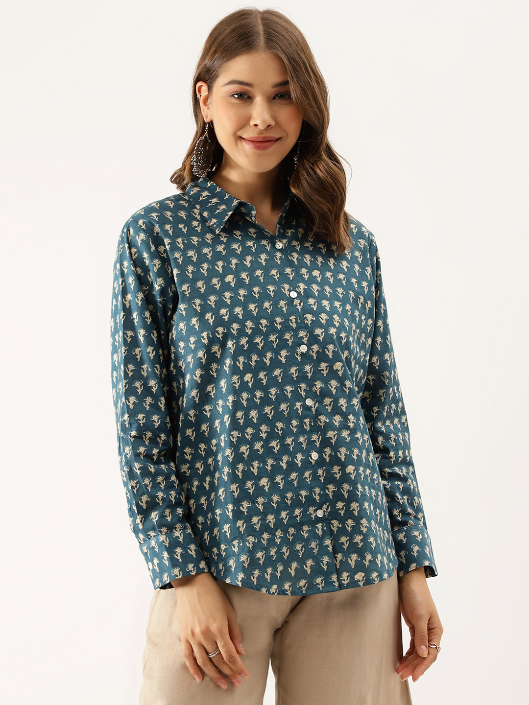 Turquoise Blue Ethnic Motif Printed Casual Women Shirts | LASVINI - Redefining Indian Fashion with Elegance