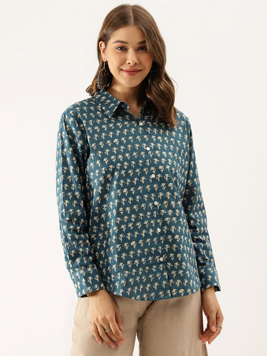 Turquoise Blue Ethnic Motif Printed Casual Women Shirts | LASVINI - Redefining Indian Fashion with Elegance