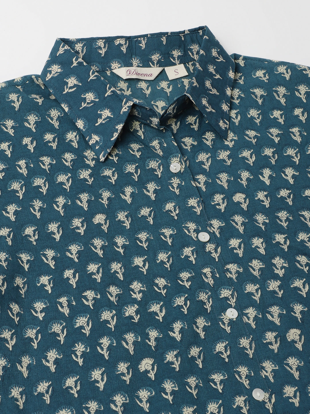 Turquoise Blue Ethnic Motif Printed Casual Women Shirts | LASVINI - Redefining Indian Fashion with Elegance