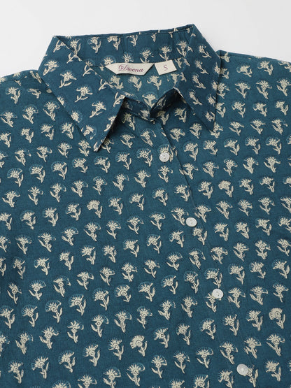 Turquoise Blue Ethnic Motif Printed Casual Women Shirts | LASVINI - Redefining Indian Fashion with Elegance