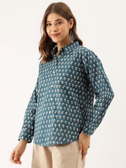 Turquoise Blue Ethnic Motif Printed Casual Women Shirts | LASVINI - Redefining Indian Fashion with Elegance