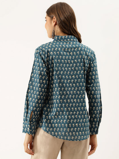 Turquoise Blue Ethnic Motif Printed Casual Women Shirts | LASVINI - Redefining Indian Fashion with Elegance