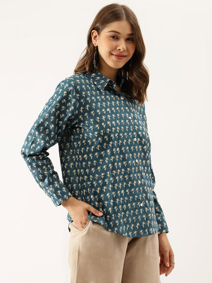 Turquoise Blue Ethnic Motif Printed Casual Women Shirts | LASVINI - Redefining Indian Fashion with Elegance