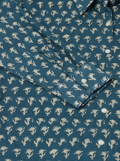Turquoise Blue Ethnic Motif Printed Casual Women Shirts | LASVINI - Redefining Indian Fashion with Elegance