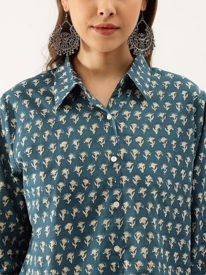 Turquoise Blue Ethnic Motif Printed Casual Women Shirts | LASVINI - Redefining Indian Fashion with Elegance