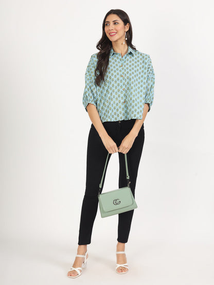 Women Sky Blue Floral Printed Cotton Tops | LASVINI - Redefining Indian Fashion with Elegance
