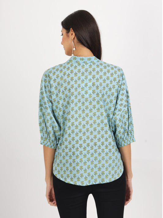 Women Sky Blue Floral Printed Cotton Tops | LASVINI - Redefining Indian Fashion with Elegance
