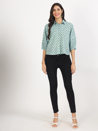 Women Sky Blue Floral Printed Cotton Tops | LASVINI - Redefining Indian Fashion with Elegance
