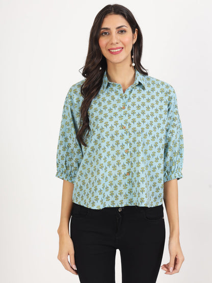Women Sky Blue Floral Printed Cotton Tops | LASVINI - Redefining Indian Fashion with Elegance
