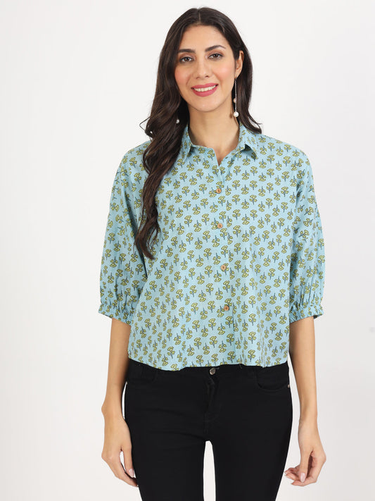 Women Sky Blue Floral Printed Cotton Tops | LASVINI - Redefining Indian Fashion with Elegance