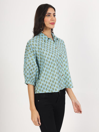 Women Sky Blue Floral Printed Cotton Tops | LASVINI - Redefining Indian Fashion with Elegance