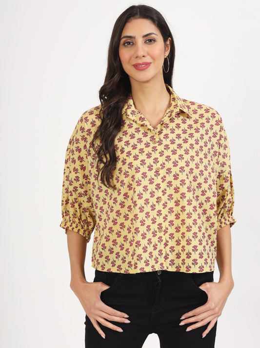 Women Beige Floral Printed Cotton Tops | LASVINI - Redefining Indian Fashion with Elegance