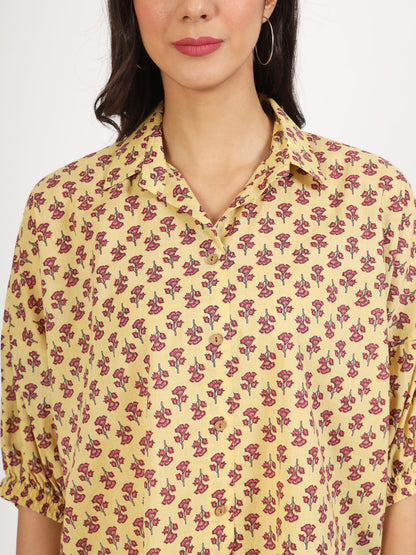 Women Beige Floral Printed Cotton Tops | LASVINI - Redefining Indian Fashion with Elegance