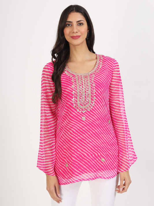 Women Pink Leheriya Print Georgette Kurti | LASVINI - Redefining Indian Fashion with Elegance