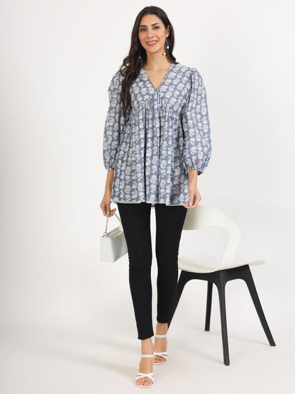 Women Grey Floral Printed Cotton Top | LASVINI - Redefining Indian Fashion with Elegance