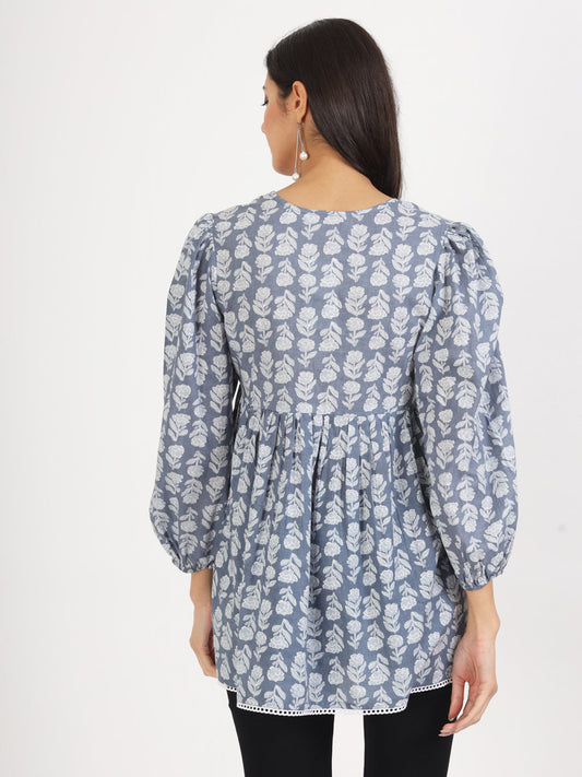 Women Grey Floral Printed Cotton Top | LASVINI - Redefining Indian Fashion with Elegance