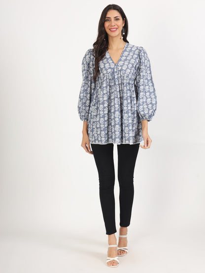 Women Grey Floral Printed Cotton Top | LASVINI - Redefining Indian Fashion with Elegance