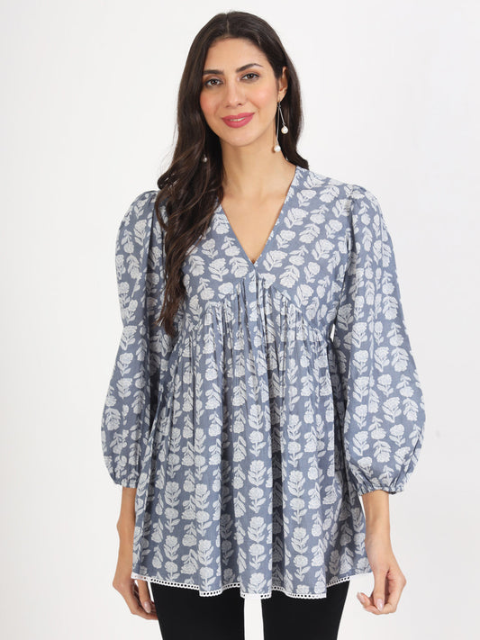 Women Grey Floral Printed Cotton Top | LASVINI - Redefining Indian Fashion with Elegance