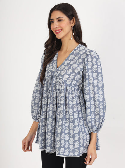 Women Grey Floral Printed Cotton Top | LASVINI - Redefining Indian Fashion with Elegance
