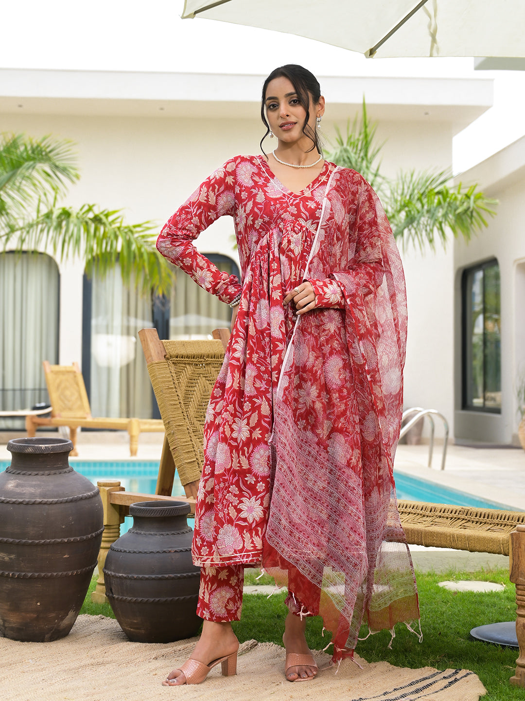 Floral Printed Red Cotton Alia Cut Kurta Set For Women | LASVINI - Redefining Indian Fashion with Elegance