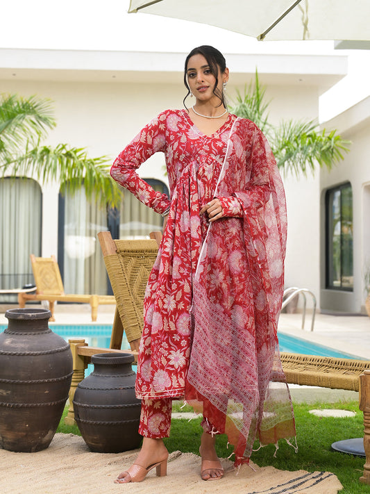 Floral Printed Red Cotton Alia Cut Kurta Set For Women | LASVINI - Redefining Indian Fashion with Elegance
