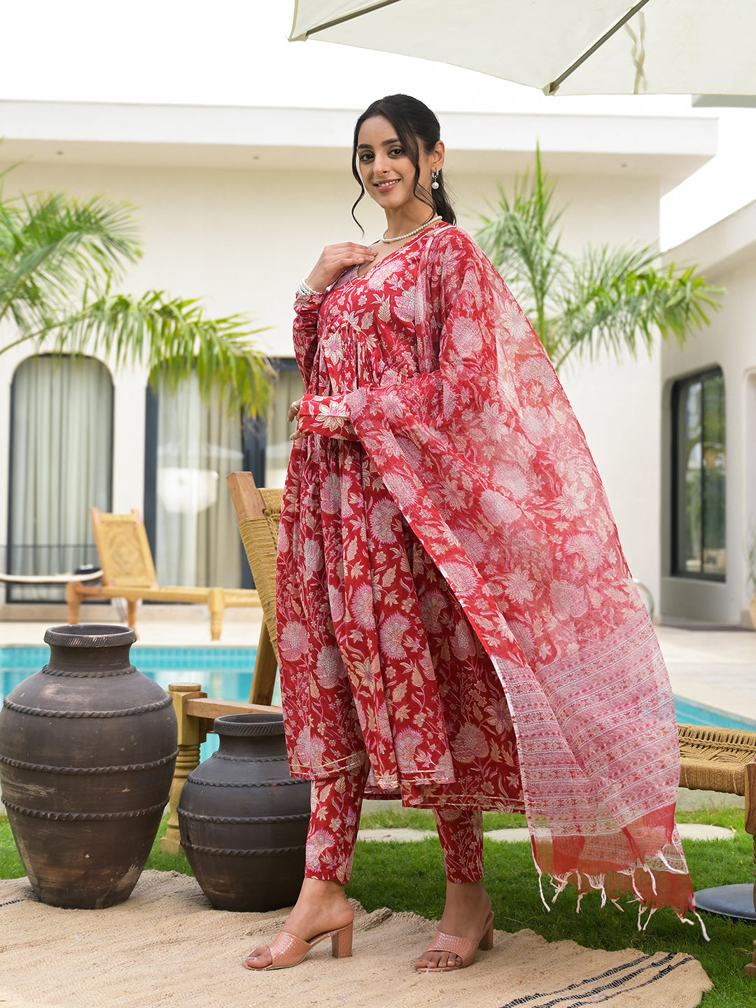 Floral Printed Red Cotton Alia Cut Kurta Set For Women | LASVINI - Redefining Indian Fashion with Elegance