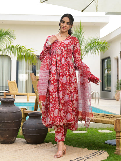 Floral Printed Red Cotton Alia Cut Kurta Set For Women | LASVINI - Redefining Indian Fashion with Elegance