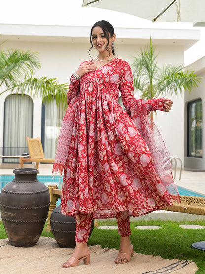 Floral Printed Red Cotton Alia Cut Kurta Set For Women | LASVINI - Redefining Indian Fashion with Elegance