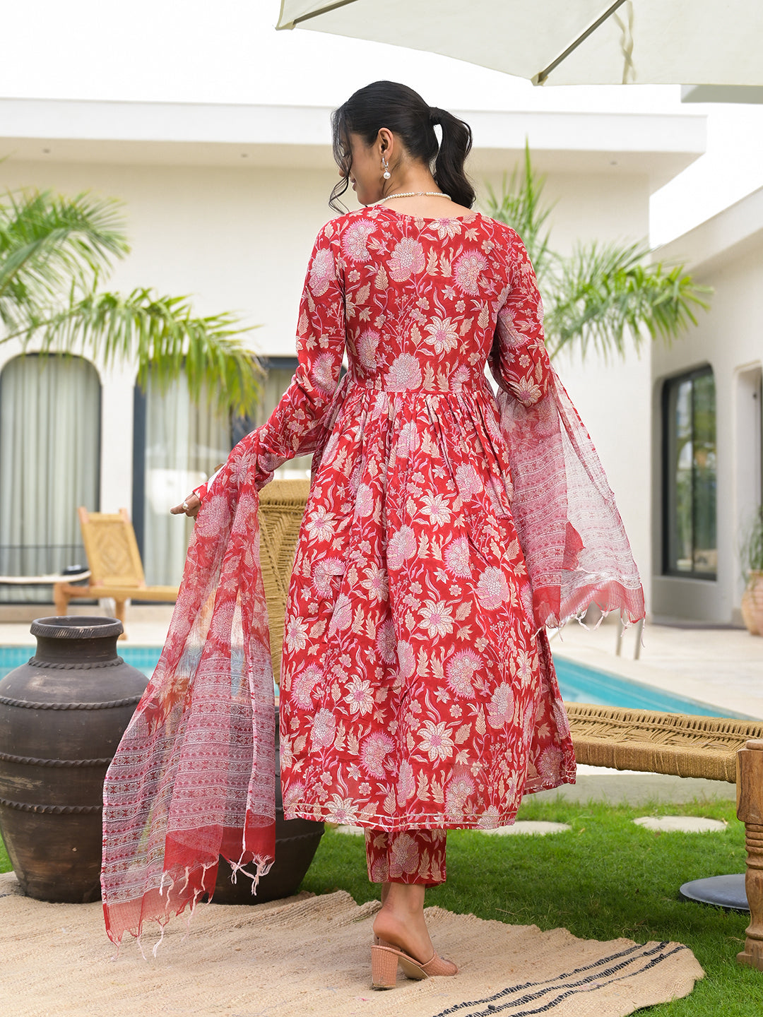 Floral Printed Red Cotton Alia Cut Kurta Set For Women | LASVINI - Redefining Indian Fashion with Elegance