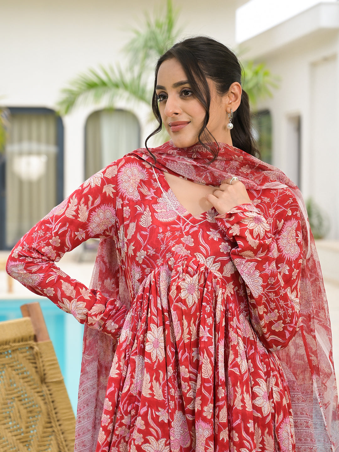 Floral Printed Red Cotton Alia Cut Kurta Set For Women | LASVINI - Redefining Indian Fashion with Elegance