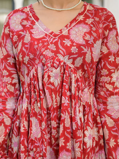 Floral Printed Red Cotton Alia Cut Kurta Set For Women | LASVINI - Redefining Indian Fashion with Elegance