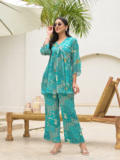 Turquoise Digital Print Muslin Co-Ord Set | LASVINI - Redefining Indian Fashion with Elegance