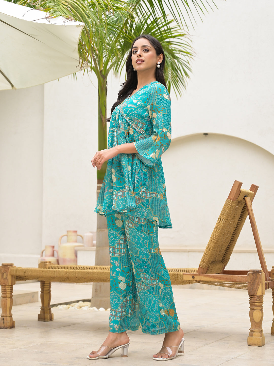 Turquoise Digital Print Muslin Co-Ord Set | LASVINI - Redefining Indian Fashion with Elegance