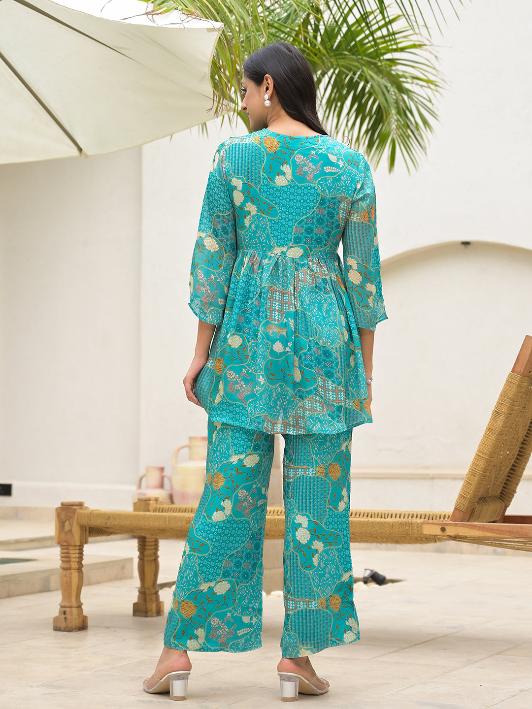 Turquoise Digital Print Muslin Co-Ord Set | LASVINI - Redefining Indian Fashion with Elegance