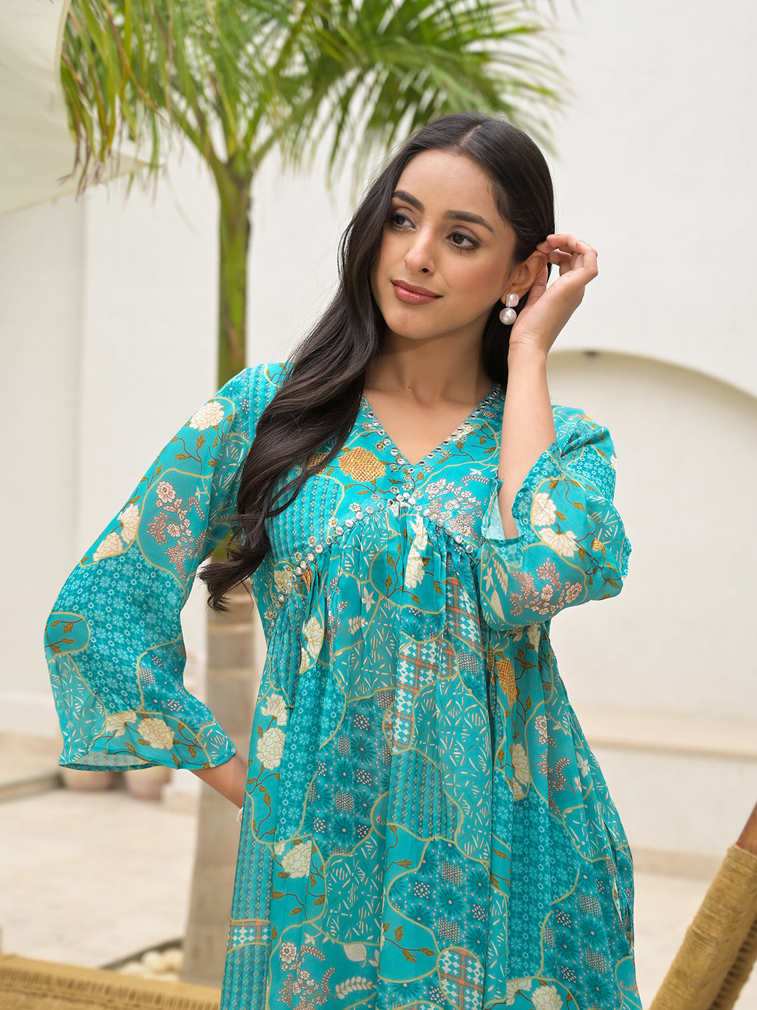 Turquoise Digital Print Muslin Co-Ord Set | LASVINI - Redefining Indian Fashion with Elegance