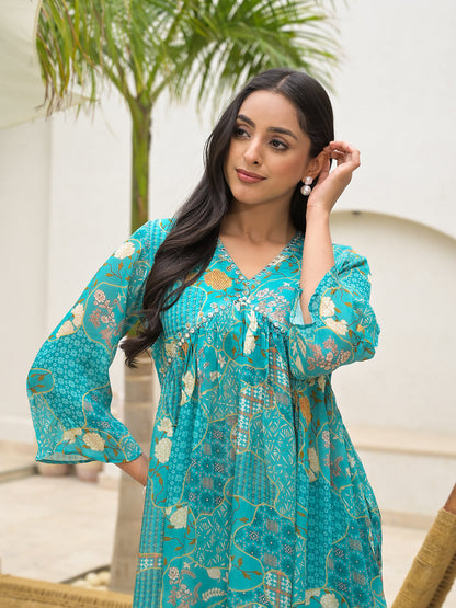 Turquoise Digital Print Muslin Co-Ord Set | LASVINI - Redefining Indian Fashion with Elegance