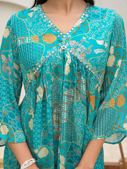 Turquoise Digital Print Muslin Co-Ord Set | LASVINI - Redefining Indian Fashion with Elegance