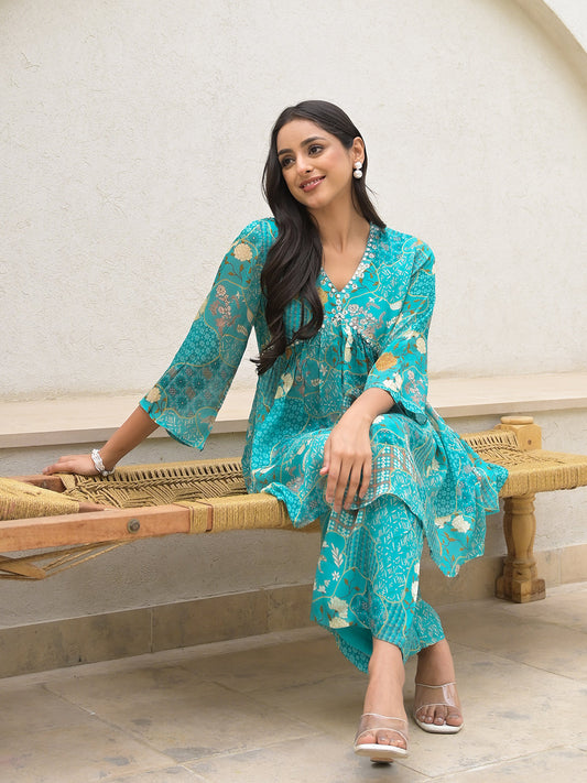 Turquoise Digital Print Muslin Co-Ord Set | LASVINI - Redefining Indian Fashion with Elegance