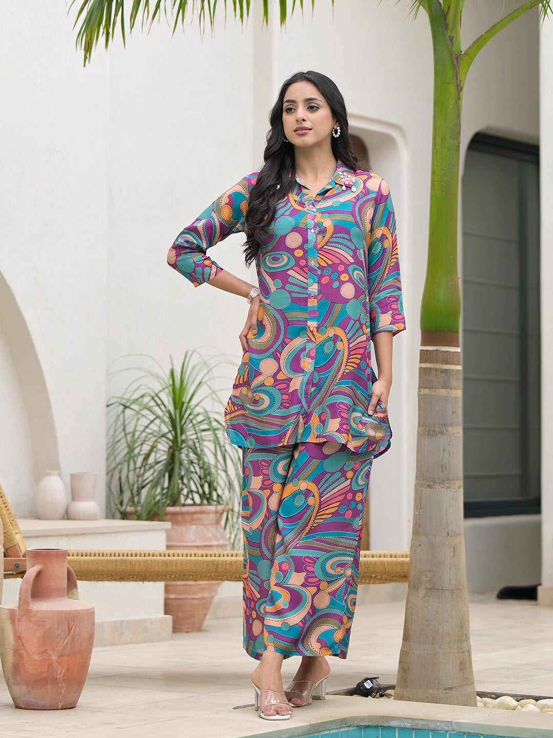 Purple Multi Digital Print Muslin Co-Ord Set For Women | LASVINI - Redefining Indian Fashion with Elegance