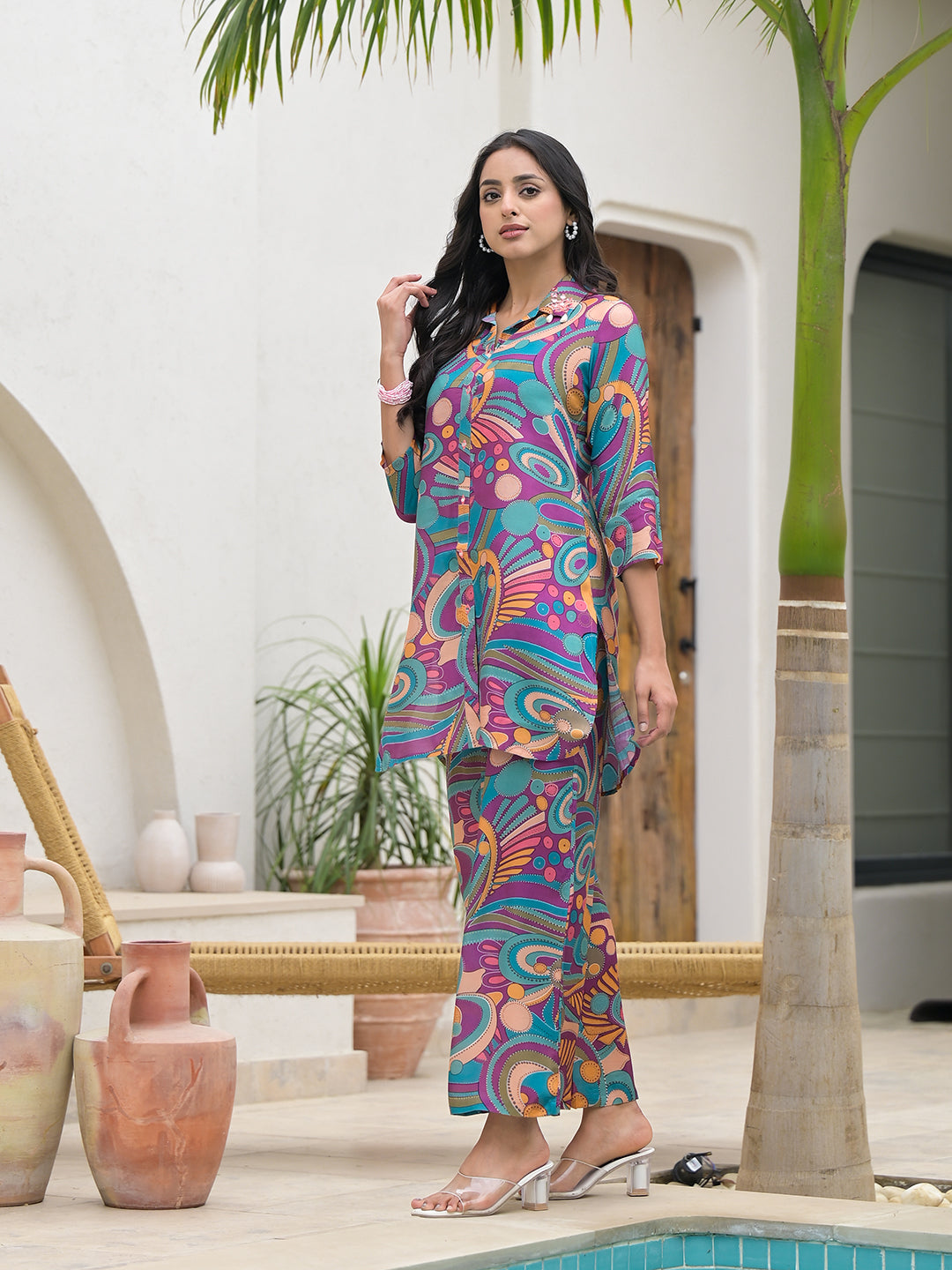 Purple Multi Digital Print Muslin Co-Ord Set For Women | LASVINI - Redefining Indian Fashion with Elegance