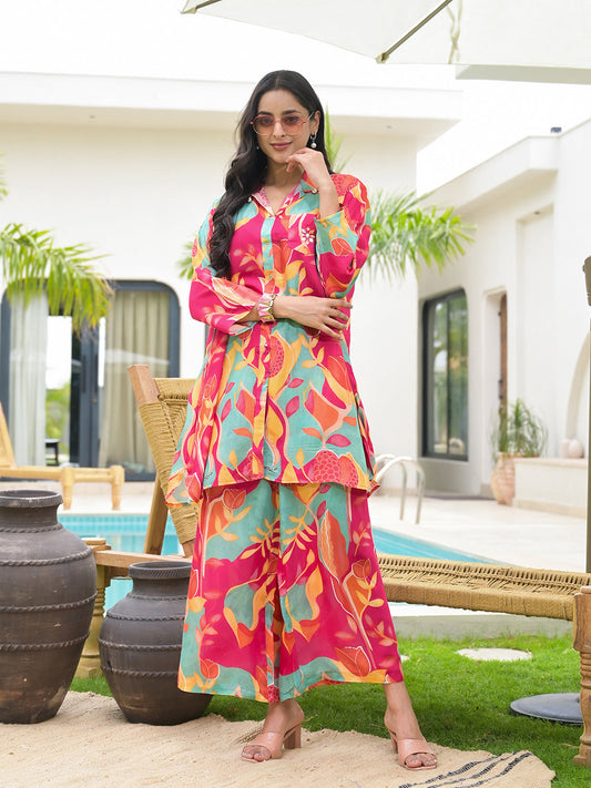 Pink Multi Digital Printed Muslin Co-Ord Set | LASVINI - Redefining Indian Fashion with Elegance