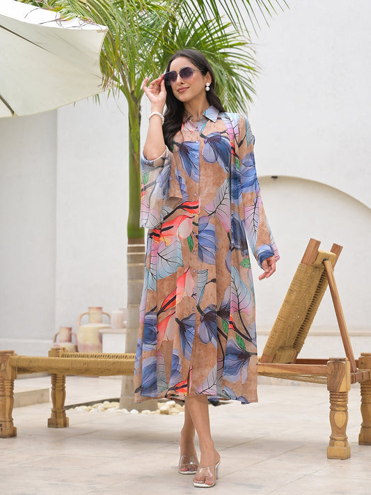 Blue Multi Digital Printed Chinon Kaftan Dress | LASVINI - Redefining Indian Fashion with Elegance