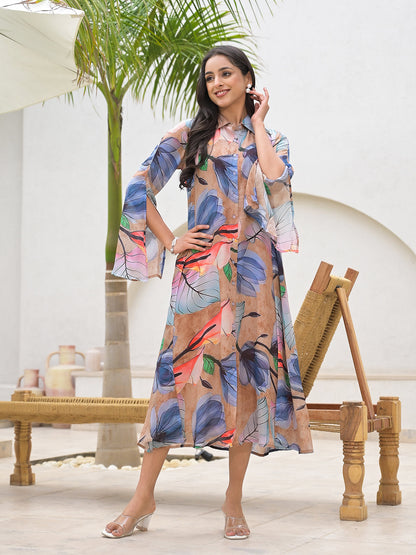 Blue Multi Digital Printed Chinon Kaftan Dress | LASVINI - Redefining Indian Fashion with Elegance