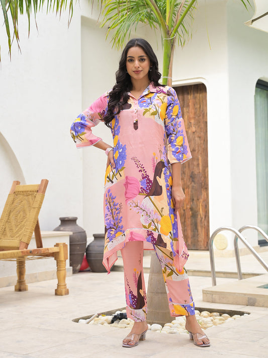 Pink Multi Digital Printed Muslin Co-Ord Set | LASVINI - Redefining Indian Fashion with Elegance