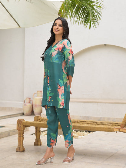 Dark Green Digital Printed Muslin Co-Ord Set | LASVINI - Redefining Indian Fashion with Elegance