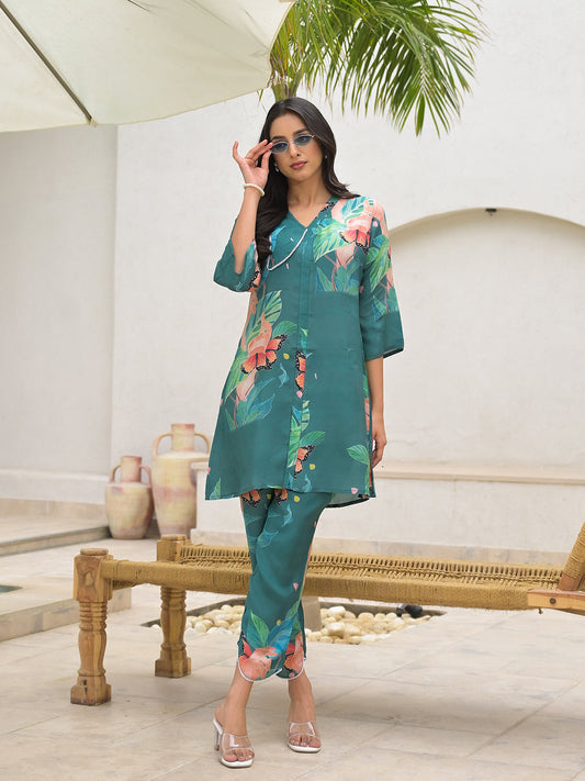 Dark Green Digital Printed Muslin Co-Ord Set | LASVINI - Redefining Indian Fashion with Elegance