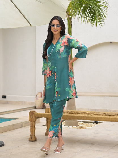 Dark Green Digital Printed Muslin Co-Ord Set | LASVINI - Redefining Indian Fashion with Elegance