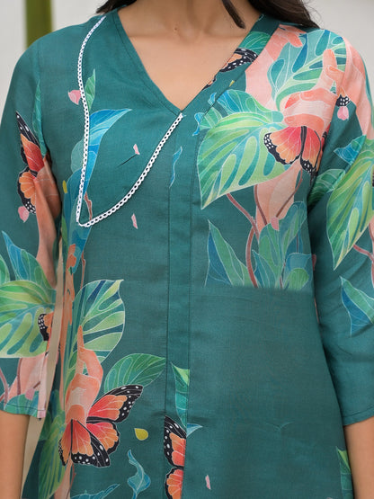 Dark Green Digital Printed Muslin Co-Ord Set | LASVINI - Redefining Indian Fashion with Elegance