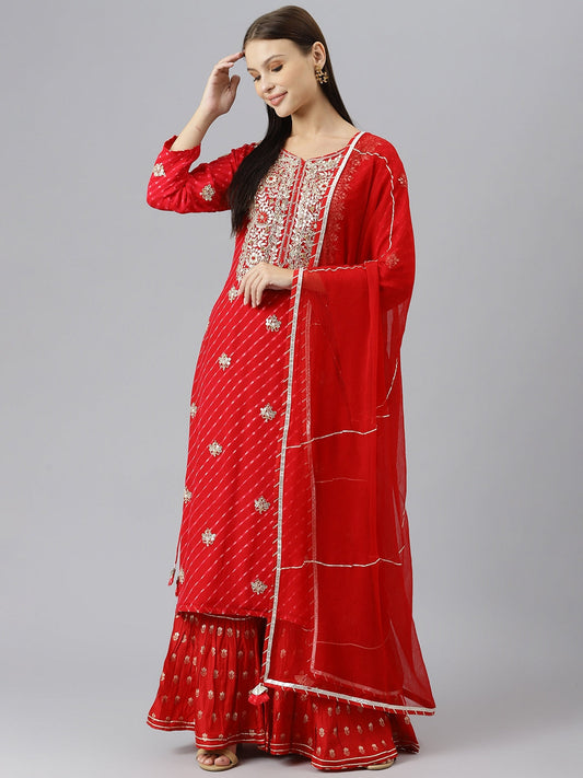 Women Pure Georgette Jaipuri Mothda Red Kurta Sharara Set With Dupatta | LASVINI - Redefining Indian Fashion with Elegance